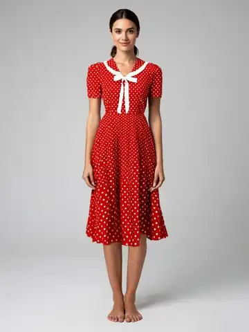 The loop made from it: the model sways gently in a red dress with white polka dots and a white bow collar.