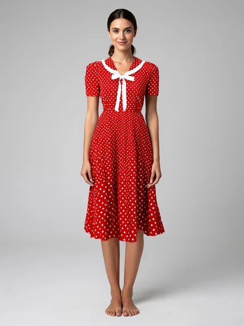 Try-on still: a red dress with white polka dots and a white bow collar, on a generated model.